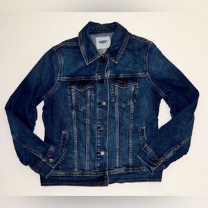 Old Navy stretch denim jean trucker jacket coat button close pocket dark wash S